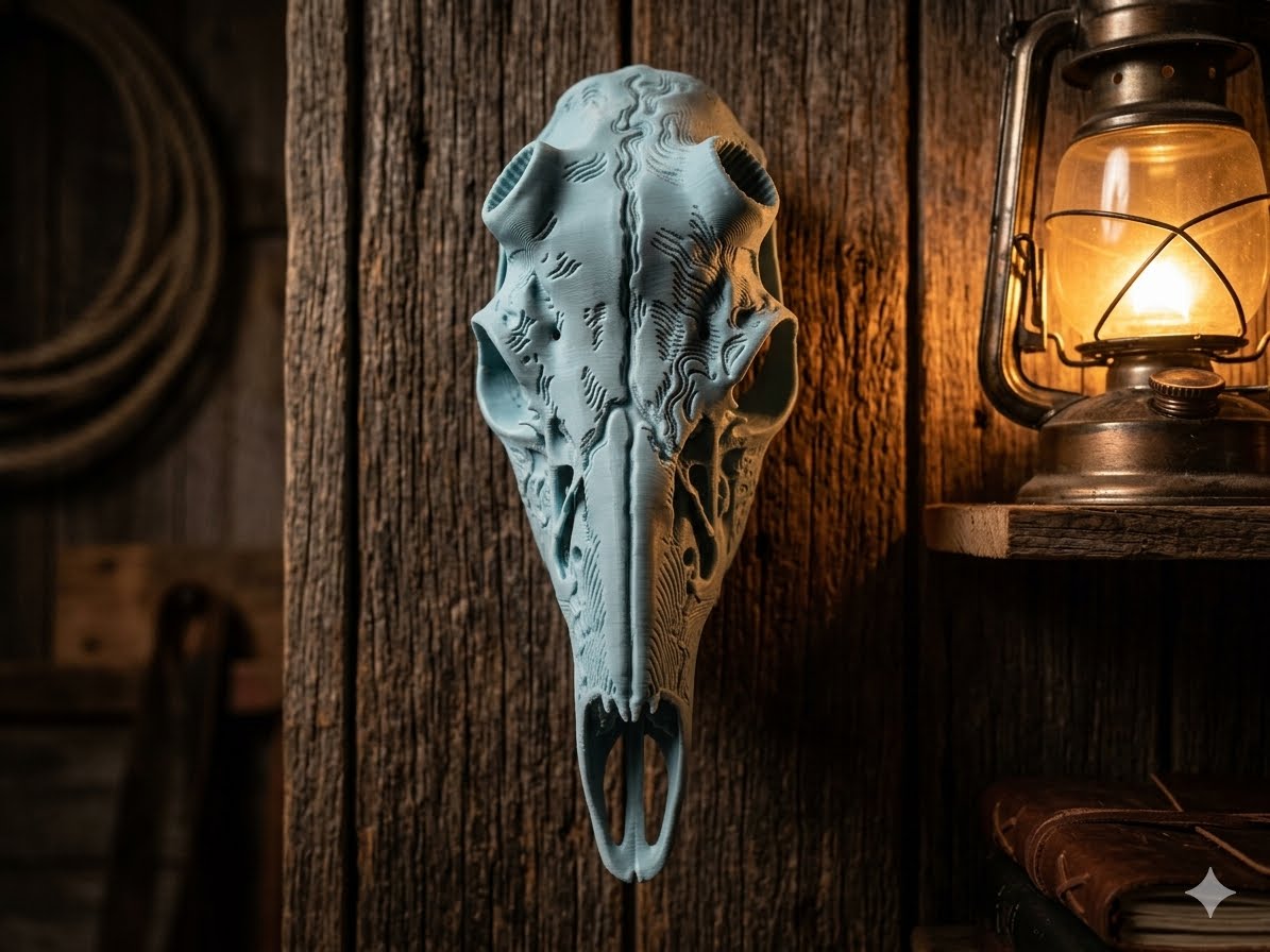 Angled view of a 3D-printed deer graphic skull featuring a stylized, high-contrast comic book illustration texture with bold carved linework and pop-art geometric shading. The skull is mounted against a deep, vertical-grain weathered wood backdrop.